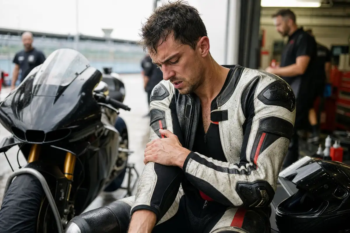 Pilota MotoGP esausto in pit lane che si massaggia l’avambraccio vicino alla moto e al casco