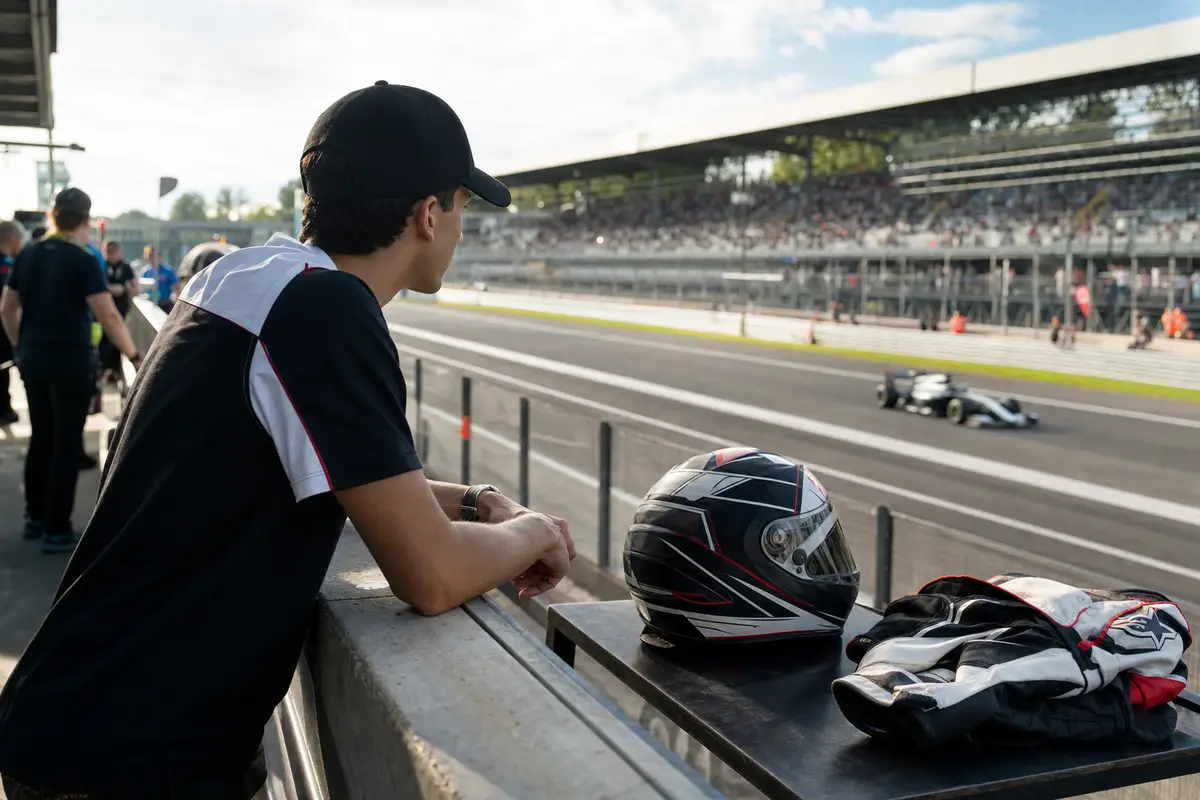 Giovane nel paddock appoggiato al muretto dei box, con casco e tuta su un tavolo, mentre passa una monoposto in pista