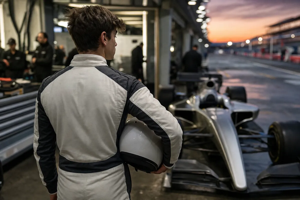 Giovane pilota di monoposto di spalle in corsia box al tramonto, con casco sotto il braccio e auto da gara sullo sfondo