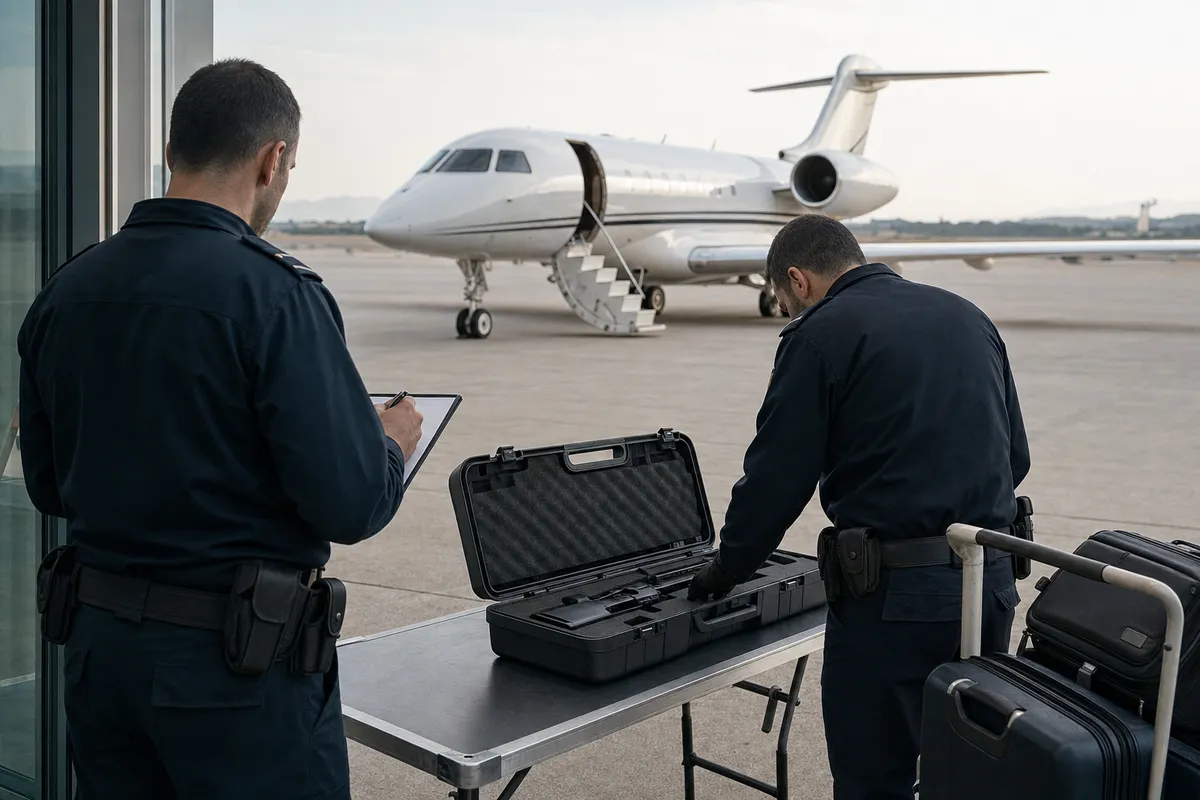 Controllo di sicurezza in aeroporto: due agenti ispezionano una valigetta rigida con un fucile, jet privato sullo sfondo
