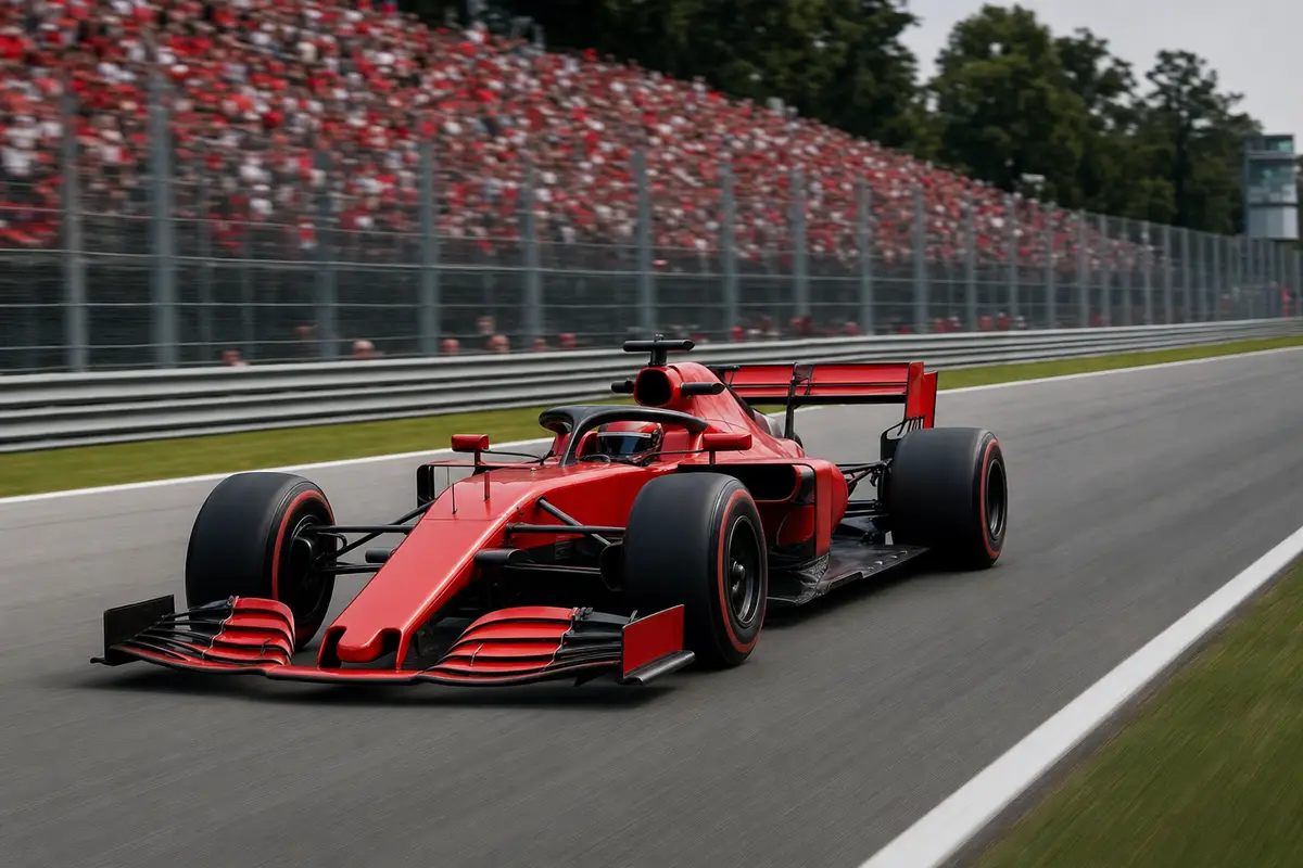 Monoposto da Formula 1 rossa in accelerazione su un rettilineo, con tribune sfocate e barriere di sicurezza