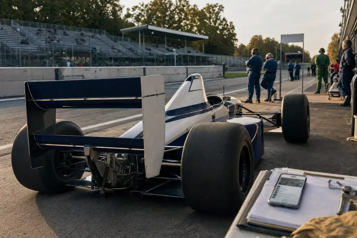 Monoposto anni ’90 blu e bianca ferma in pit lane, con tribune sfocate e smartphone su una clipboard in primo piano