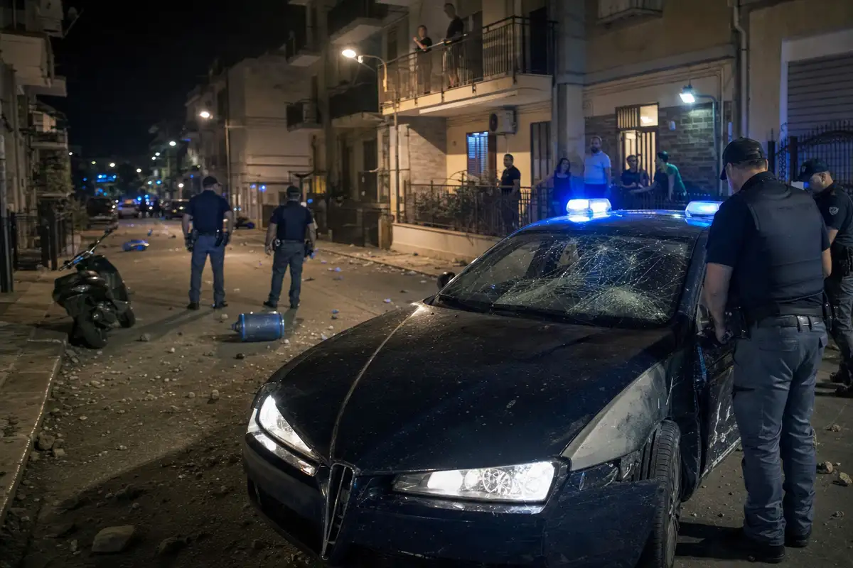 Volante della polizia danneggiata con luci blu accese in una strada notturna, agenti e detriti sull’asfalto