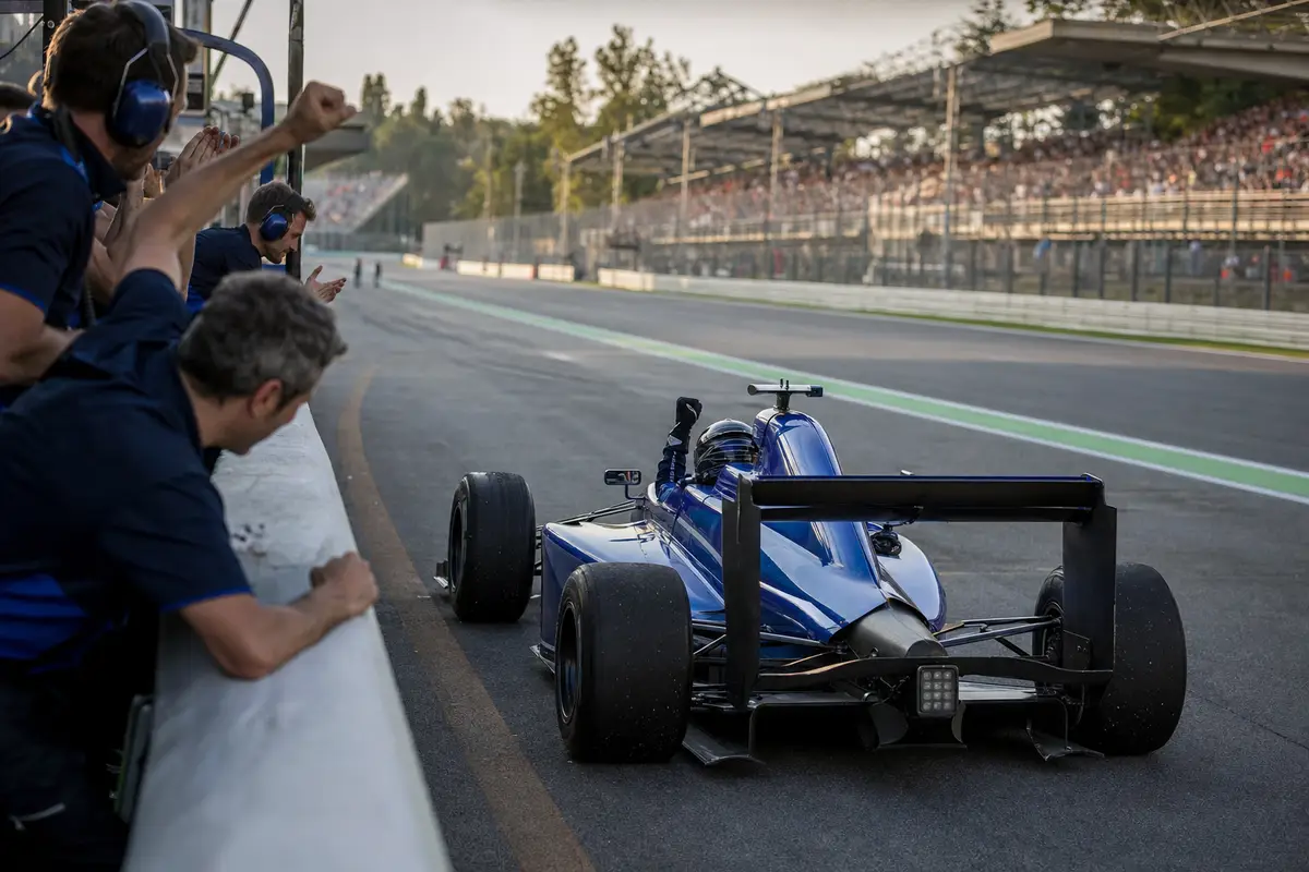 Monoposto blu in pit lane con il pilota che alza il pugno, meccanici in blu applaudono sul muretto e tribune sullo sfondo