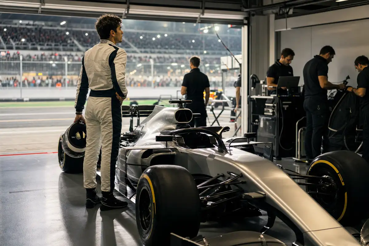 Pilota in tuta bianca con casco in mano accanto a una monoposto nel box, sotto le luci notturne del circuito