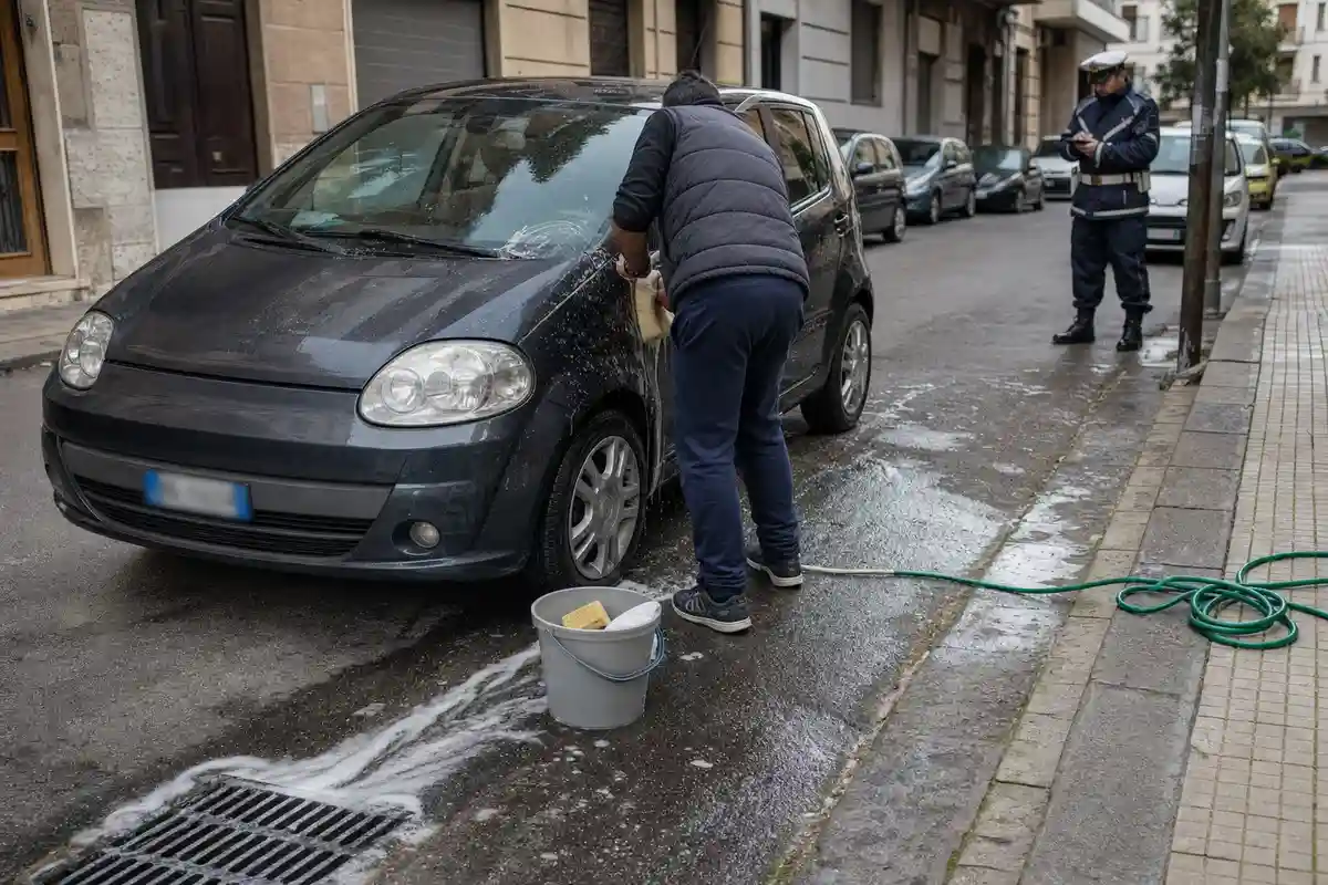Persona lava un’auto parcheggiata in strada con secchio e spugna, schiuma che scorre verso un tombino e vigile sullo sfondo