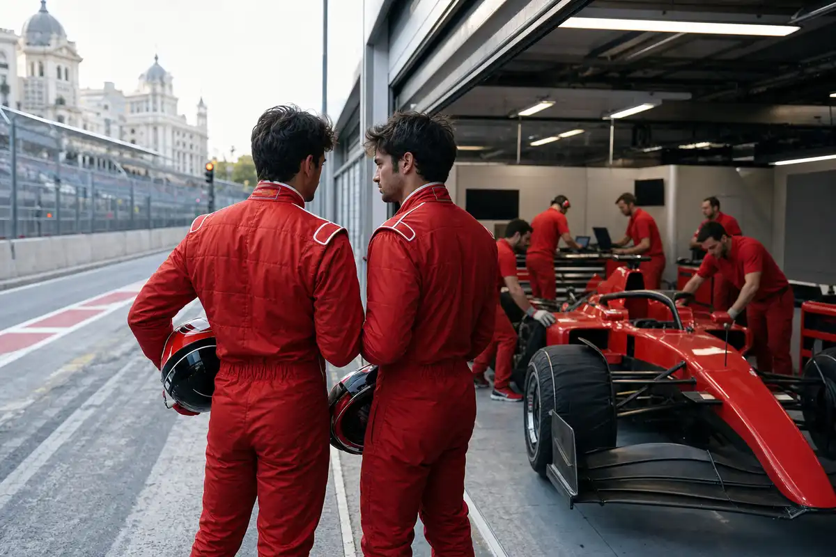 Due piloti in tuta rossa parlano nel paddock accanto a una monoposto di Formula 1 nel box