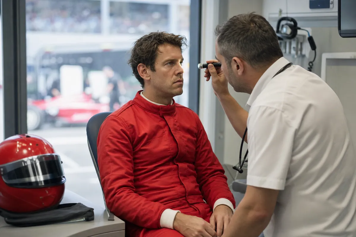 Pilota in tuta rossa sottoposto a controllo neurologico con luce da un medico, casco rosso su un tavolo