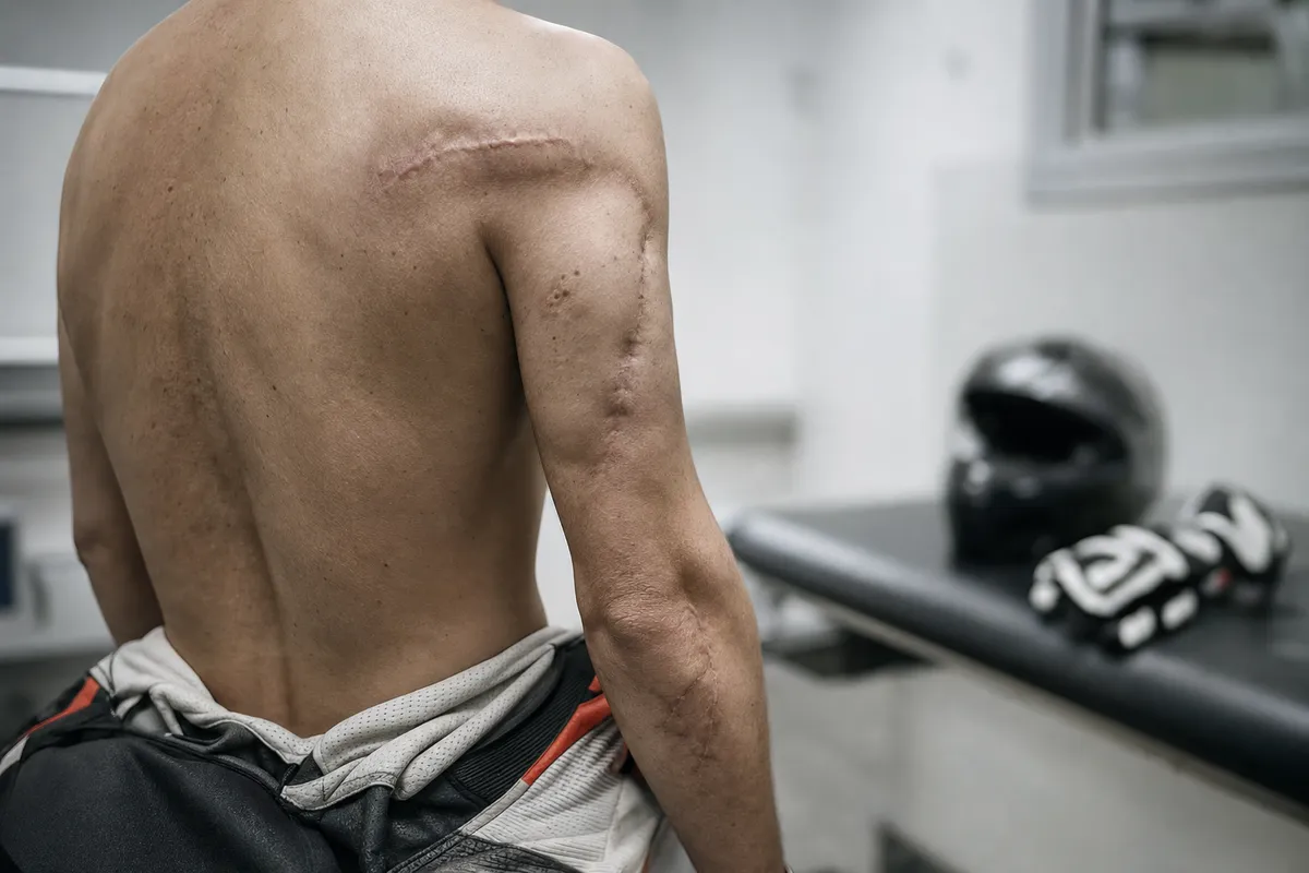 Pilota motociclistico di spalle con cicatrici sulla spalla e sul braccio destro, casco e guanti sfocati sullo sfondo