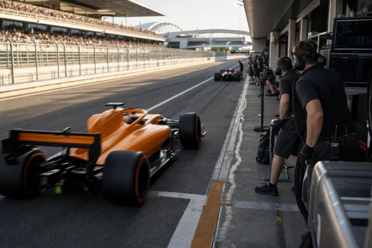 Monoposto arancione sfocata sfreccia nella corsia box mentre i meccanici osservano i monitor