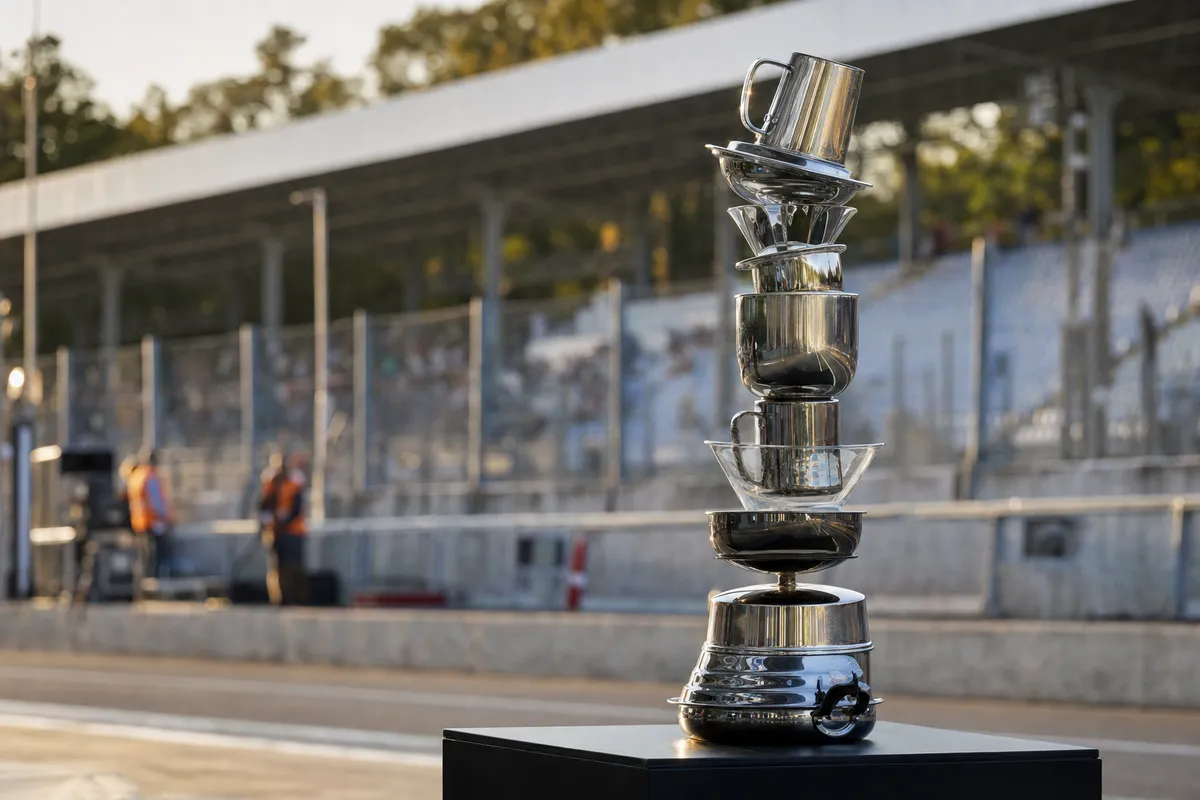 Trofeo artistico a pila di tazze e coppette metalliche su piedistallo, con circuito e tribune sfocate sullo sfondo