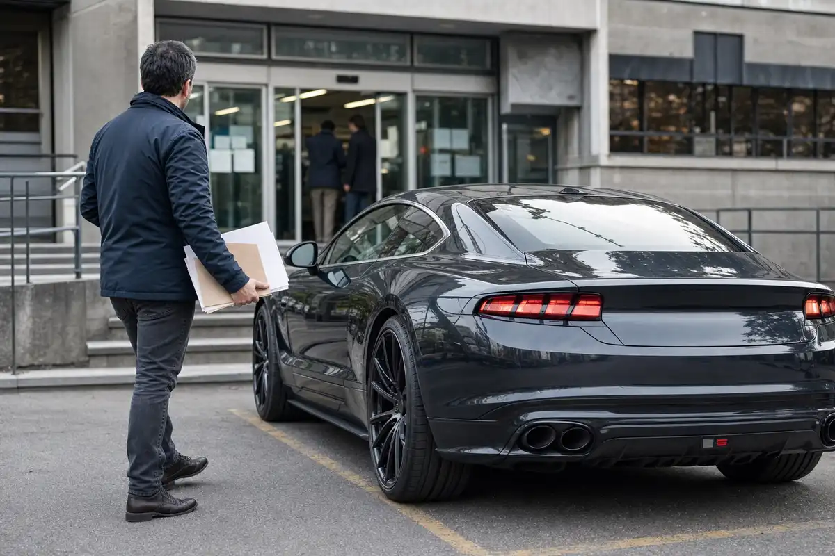 Uomo con documenti vicino a un’auto sportiva scura parcheggiata davanti all’ingresso di un ufficio