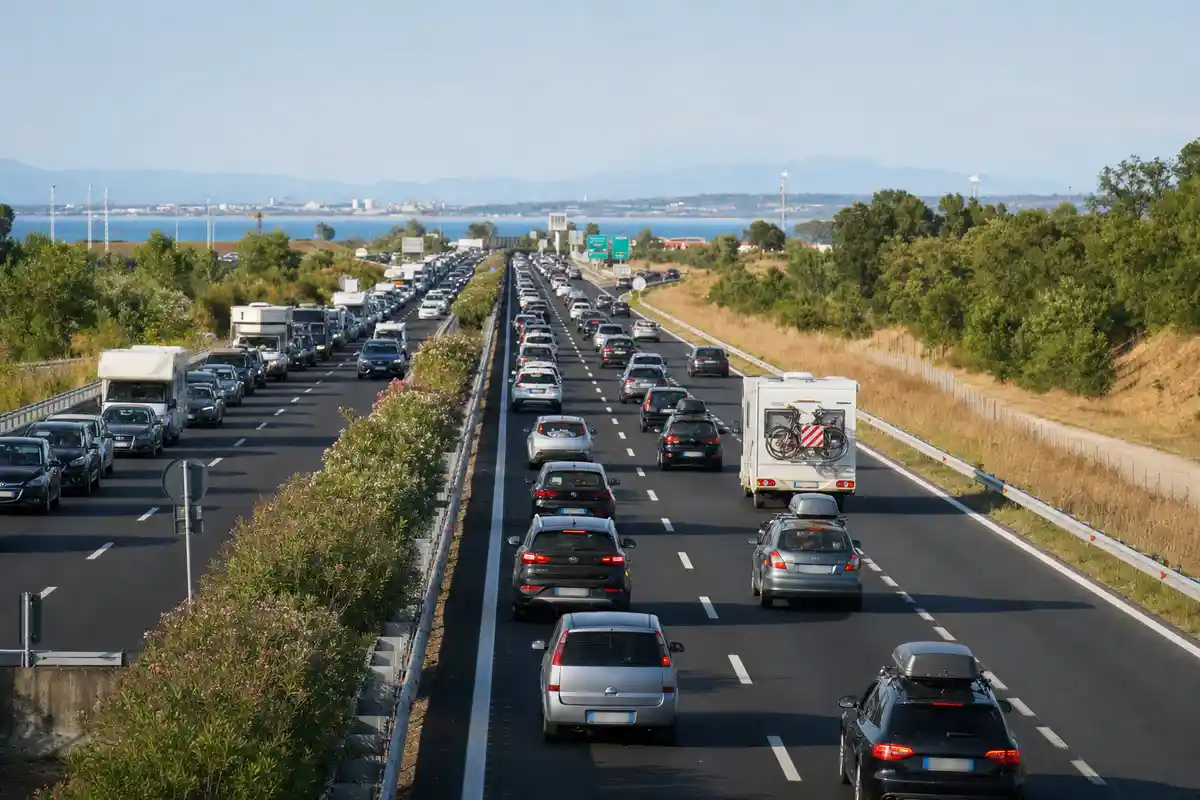 Autostrada con traffico intenso in più corsie, auto e camper in coda verso una città sullo sfondo