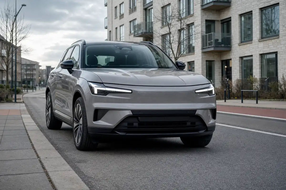 SUV compatto grigio visto di tre quarti frontale su strada urbana con pista ciclabile, sotto cielo nuvoloso